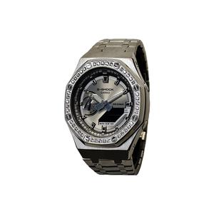 CASIO Часы Men Liquid Crystal/Analog Dual Display Series 44mm White Watch, Silver Steel Bezel Diamond Snowfall Silver