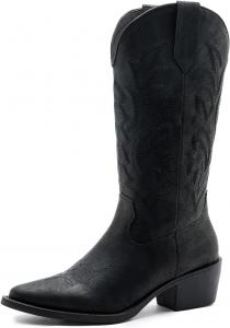 Женские ковбойские сапоги GLOBALWIN до середины икры с флористической вышивкой, боковой молнией и массивным каблуком, 23Yy13 Black