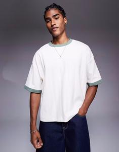 Футболка свободного кроя ASOS DESIGN кремового цвета с фактурным рубчиком и контрастной отделкой