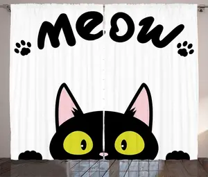 Штора ABAKUHAUS "Кошка в деревенском стиле", забавный котенок, мяукающий, универсальная, с петлями и крючками, для гостиной, 280 x 225 см, цвет: антрацитовый, серый, желтый Abakuhaus