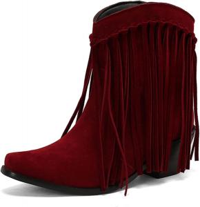 Женские сапоги Alyaafifa с бахромой, массивным блочным каблуком на танкетке, широкие голенища, ботильоны с закрытым носком, без застежки, короткие сапожки с V-образным вырезом и кисточками, модные, нарядные и удобные, Suede - Block Heel - Wine Red