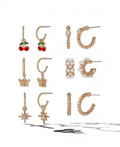 Комплект из 6 пар серег-колец хагги золотистого оттенка с паве и подвесками Jessica Simpson, gold-tone/multi