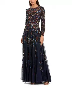Платье А-силуэта с длинными рукавами, высоким воротником и отделкой из бисера и сетчатой ткани. Mac Duggal, синий