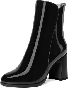 Женские ботильоны с молнией, лаковые, повседневные, круглый носок, устойчивый высокий каблук, высота голенища 3,3 дюйма DEMOSHINE, Black