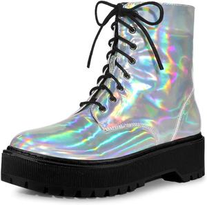 Женские ботинки Allegra K с круглым носком на платформе, шнуровкой и ярким камуфляжным дизайном, Silver