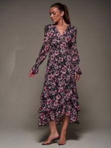 Флоральное длинное платье с длинными рукавами из сетки Jolie Moi, Black Pink Floral