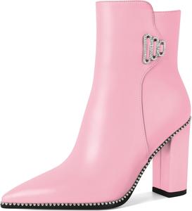 Younton Женские короткие ботильоны с заостренным носком, декорированные бусинами, массивным каблуком 3,7 дюйма и боковой молнией