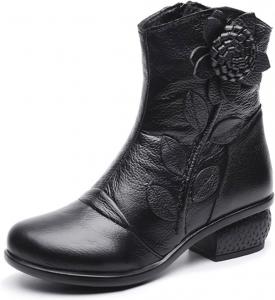 Женские кожаные полусапожки до середины икры с этническим цветочным узором, круглым носком, низким каблуком-блоком и боковой молнией Flerivva, 1-Black