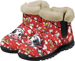 Женские зимние ботинки с мехом, противоскользящие пушистые ботильоны, теплые и удобные рождественские ботинки, повседневная обувь Chririnla, Cartoon Cow