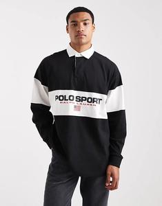 Polo Ralph Lauren Sport с нагрудной вставкой и логотипом, свободного кроя, поло для регби черного цвета
