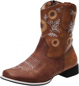 Женские ботильоны SACFOF с квадратным носком, низким средним каблуком, боковой молнией, короткие ботинки с цветочной вышивкой, вестерн-ботинки, Brown