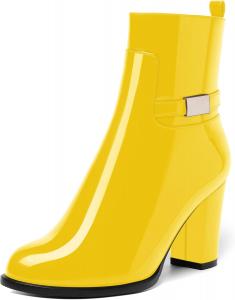 Женские ботинки AMBELIGHT с лакированной застежкой-молнией, повседневные, с круглым носком, на массивном высоком каблуке, ботильоны, 8,4 см, Yellow