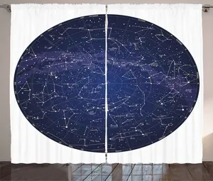 Штора ABAKUHAUS Constellation Rustic, карта неба, север, универсальная ленточная штора для гостиной с петлями и крючками, 280 x 245 см, цвет: сине-кремовый, фиолетово-синий Abakuhaus