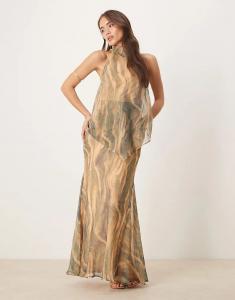 Длинное платье ASOS DESIGN из шифона с высоким воротом, двухслойным рисунком и мраморным принтом