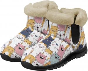 Зимние ботинки для женщин и мужчин, снежные ботинки, пушистые зимние туфли, слипоны, укороченные ботинки для прогулок на улице Noprintge, Cartoon Cats