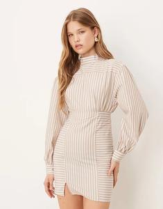 Мини-платье ASOS DESIGN из поплина с высоким воротом, плиссированной талией и полосатым принтом