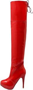 Женские ботфорты выше колена из лакированной кожи на платформе с шнуровкой, тонким каблуком и круглым носком, длинные ботильоны для осени и зимы Generic, Red