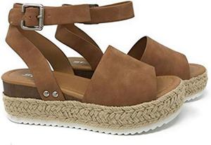 Женские сандалии Ladmiple с клиновидным каблуком, элегантные и удобные, с застежкой на щиколотке, летние повседневные пляжные туфли с открытым носком на платформе, Brown