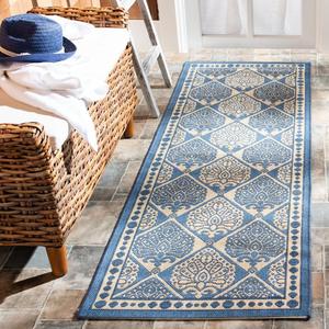 Ковер SAFAVIEH, 69 x 201 см, Washable Rug Outdoor Courtyard Collection - Runner, синий и бежевый, не линяет и легко чистится, идеально для патио, заднего двора, прихожей (CY5149C)