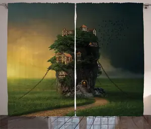 Штора ABAKUHAUS Fantasy World Rustic, Chained Rock Houses, присборенная ленточная штора для спальни с петлями и крючками, 280 x 225 см, зеленый, темно-серый и горчичный цвета Abakuhaus