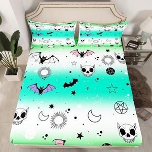 Erosebridal Комплект постельного белья Happy Halloween с принтом призраков, пауков и летучих мышей в градиентном бирюзово-зеленом цвете, Teal Green