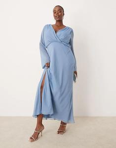 Платье миди с запахом спереди и декоративными швами из денима синего цвета ASOS