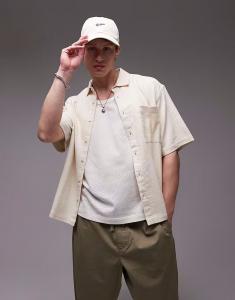 Текстурированная рубашка свободного кроя Topman с короткими рукавами в каменном цвете