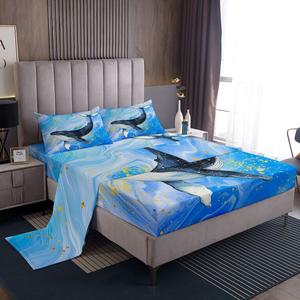 Erosebridal Комплект постельного белья Ocean Whale с морскими животными и звездами из мраморного сатина, Blue Gold