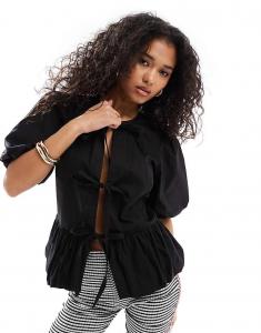 ASOS DESIGN – черный хлопковый топ с пышными рукавами и баской