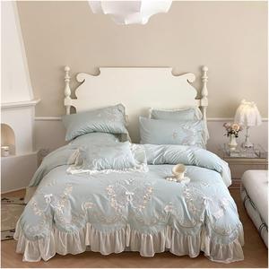 YUSIWOAL Комплект постельного белья свадебный 1400TC Egyptian Cotton с цветочной вышивкой и кружевом Blue