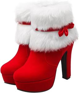 Рождественские ботильоны Happyyami с мехом, зимние ботильоны с бантом для женщин No Brand, Red 9