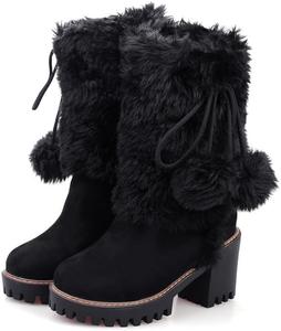 Женские теплые сапоги до середины икры с меховой отделкой, снегоходные с массивным каблуком, большие размеры WAOLSU, Black