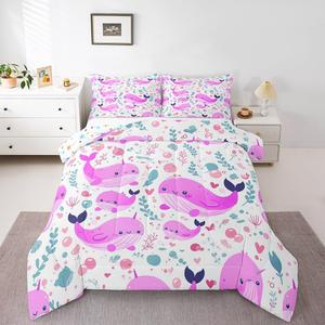 Erosebridal Детский комплект постельного белья Purple с мультяшными китами и морскими животными в стиле кавай, Purple Green White