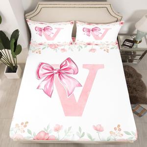 Erosebridal Комплект постельного белья Initial Letter V с розовыми бантами в стиле кавай, светлый розовый и белый цвета, весенний свежий дизайн, Pink White V