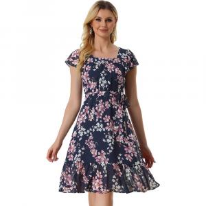 Платье с рюшами для женщин, шифоновое платье с квадратным вырезом и цветочным принтом, с развевающимися рукавами и поясом ALLEGRA K, цвет Blue Pink