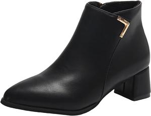 Женские ботильоны с острым носком, элегантные кожаные ботинки, массивный средний каблук, нескользящие, короткие ботинки на осень и зиму с боковой молнией Generic, Black