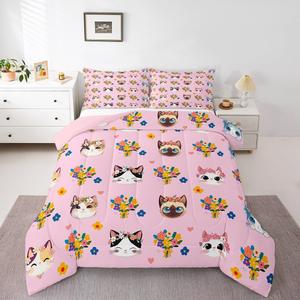 Erosebridal Комплект постельного белья Cute Cat King с милыми котиками и цветочным принтом в розовых, желтых и голубых тонах, Pink Yellow Blue