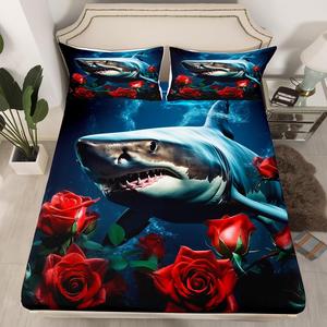 Erosebridal Комплект постельного белья Ocean Shark с цветочным принтом в морской тематике, глубокий карман, Navy Blue Red