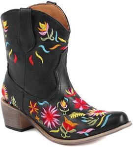 Женские вышитые ботинки VULTRO на щиколотке в стиле ковбой с массивным каблуком и круглым носком, Black