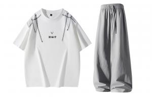 Тонкий футболка Casual Sportswear Unisex с круглым вырезом X1617, белый short-sleeved shirt+светло-серый ice silk pants