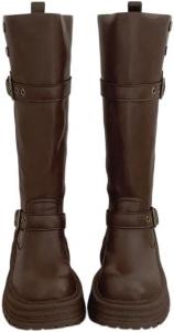 Женские ботфорты на платформе выше колена с пряжкой, винтажные, квадратный низкий каблук, длинные ботильоны, модная обувь Generic, X