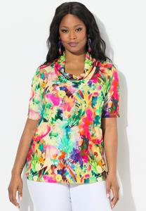 Футболка с принтом FLORAL WATERFALL COLLAR SHORT SLEEVE SLINKY Ulla Popken, синий