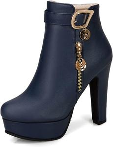 Женские модные ботильоны VOKLIN на платформе с пряжкой, с высоким широким каблуком, круглым носком и боковой молнией, Navy Blue-Velvet Lined