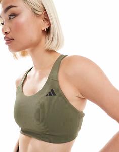 Спортивный бюстгальтер Adidas Training D4T средней поддержки в рубчик, оливково-зеленого цвета