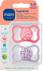 Соска Supreme силиконовая розовая/фиолетовая 6-16 месяцев 2 шт. MAM
