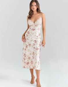 Платье миди из атласа цвета слоновой кости с цветочным принтом и косым кроем от House of CB Felicity цвета слоновой кости
