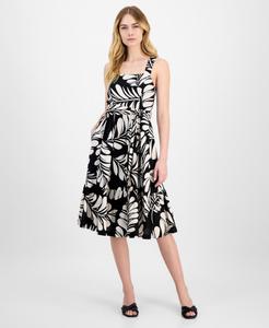 Женское платье из льна с принтом, приталенного силуэта с расклешенной юбкой Anne Klein, Anne Black/Egret