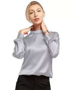 Женская шелковая блузка с воротником-стойкой и длинными рукавами LILYSILK, серебряный