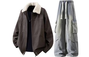 Повседневный спортивный костюм Unisex с лацканами, утолщенный и с флисовой подкладкой X1617, coffee jacket puffer jacket+желтый mud pants