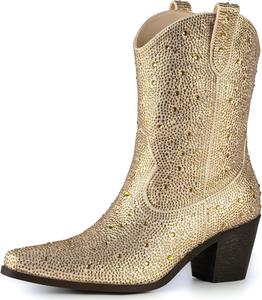 Женские сапоги MISSMILLER с кристаллами, сверкающие ковбойские сапоги, заостренный носок, массивный каблук, ковбойские сапоги с кристаллами, Gold-Mid